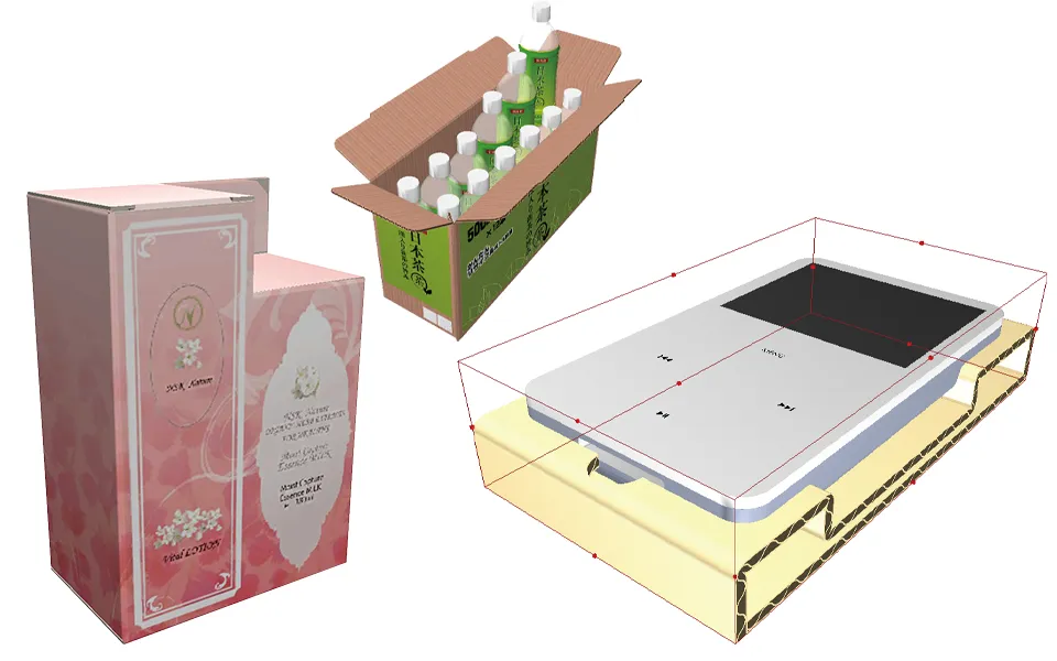 化粧品の外装箱、緑茶ペットボトル1ダース外装箱、iPodの緩衝材の3Dイメージ画像