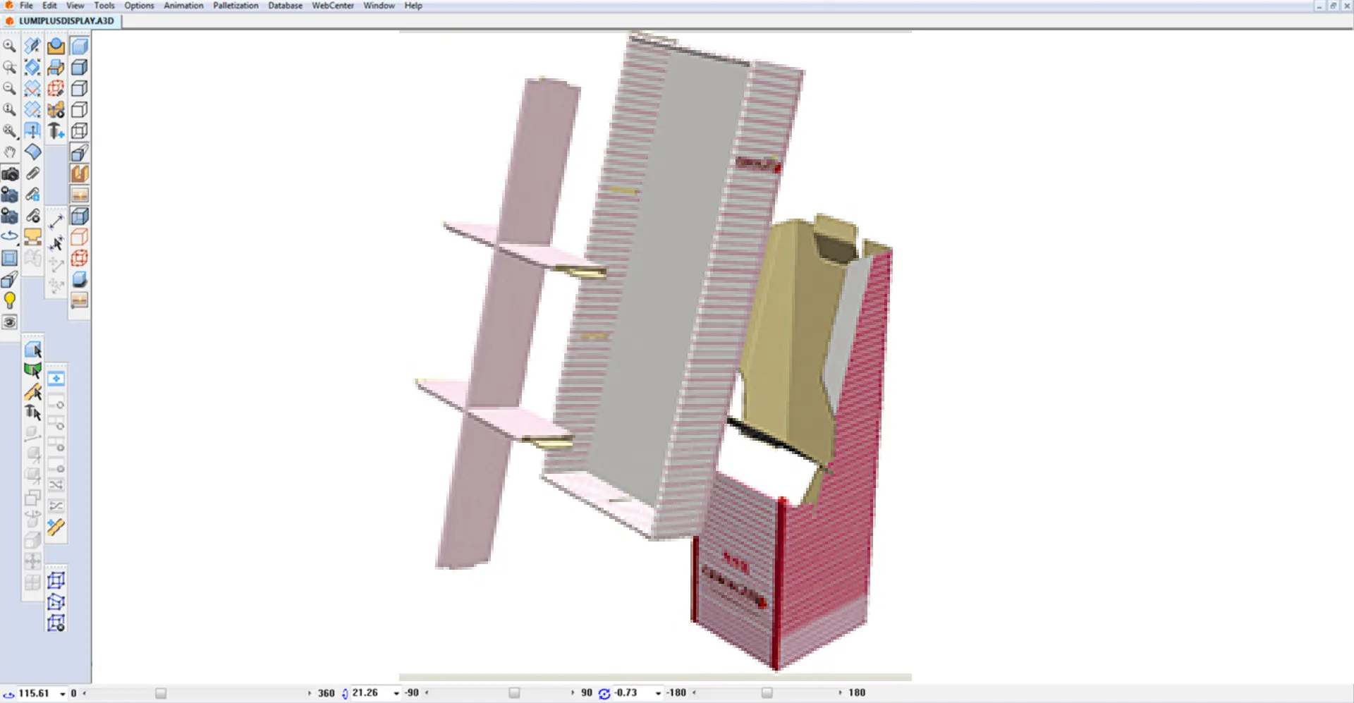 ディスプレイ什器が部品ごとに分けられた状態の3Dモックアップ