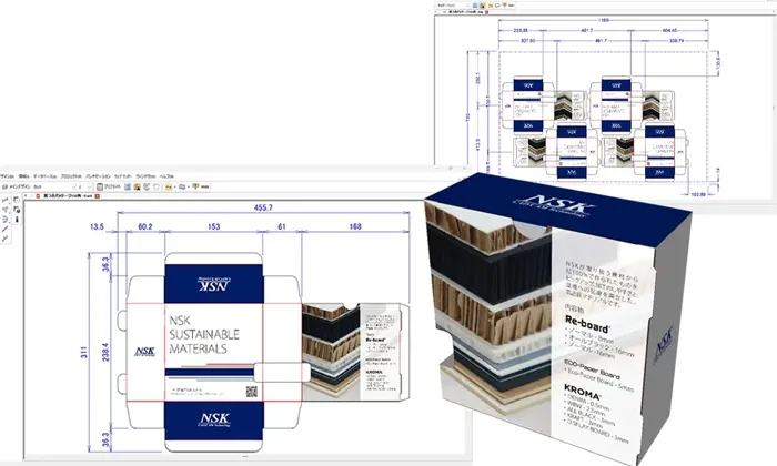 面付けにグラフィックをのせた画面・面版データのイメージ画面・3D組み立てイメージ画像