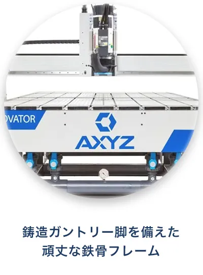 Axyz INNOVATORのソリッドマシンベース 鋳造ガントリー脚を備えた鉄骨フレーム